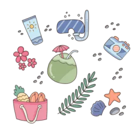 a white background with various items and flowers