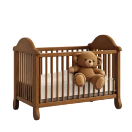 a teddy bear sitting on top of a wooden crib