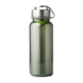 a green water bottle on a white background
