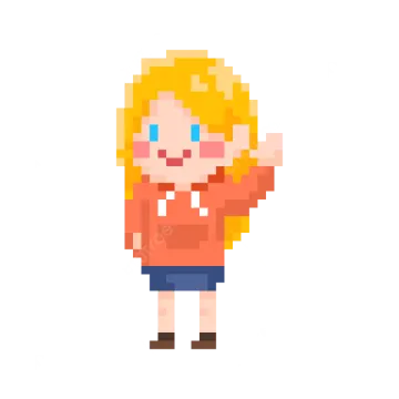 a pixel girl with blonde hair and blue eyes