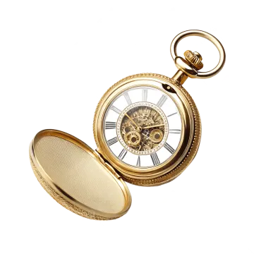 a gold pocket watch on a white background