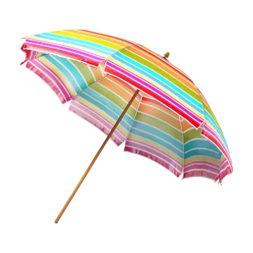 a colorful striped umbrella with wooden handle