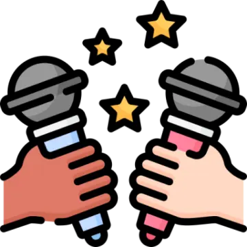 two hands holding microphones with stars above them