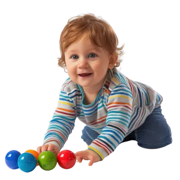 a small child playing with a colorful ball
