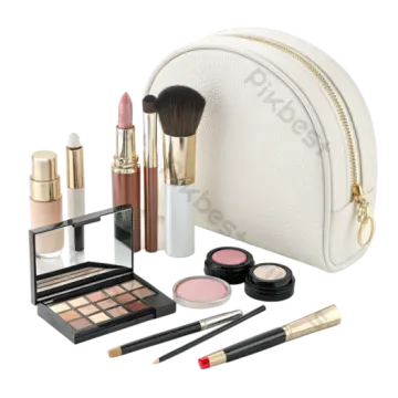 a white makeup bag with various makeup products