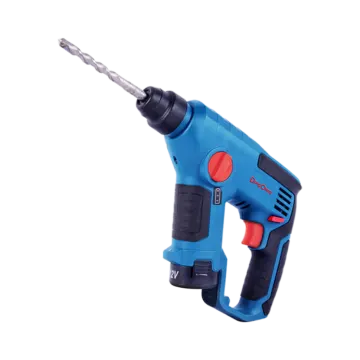 a blue and black cord drill with a red handle