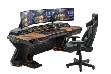 a computer desk with two monitors and two monitors