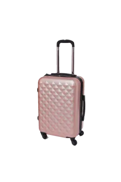 a pink suitcase with black handles and wheels