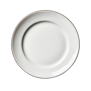 a white plate with red trim on it