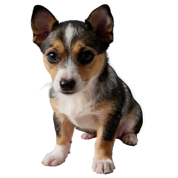 a small brown and black dog sitting on a white surface