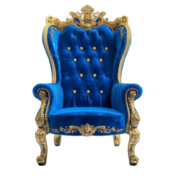 a blue velvet chair with gold detailing
