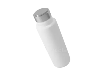 a white plastic bottle with a silver lid