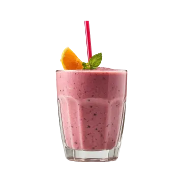 a glass filled with fruit and a red straw