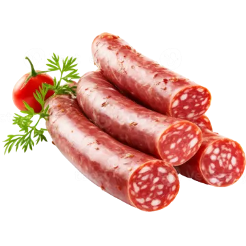 three sausages and a tomato on white background