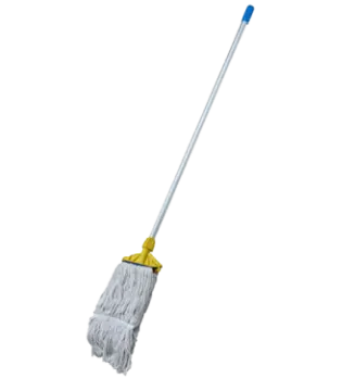 a white mop with blue handle and yellow handle