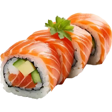 a roll of salmon and avoca on white background