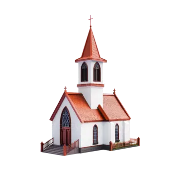 a small white church with a red roof