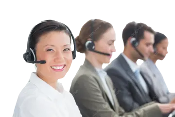 a woman wearing a headset and smiling at the camera