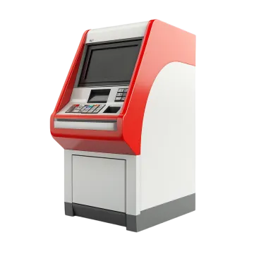 a red and white atm machine