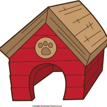 a red dog house with a brown roof