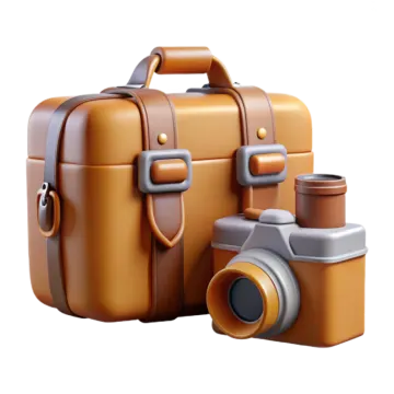 an orange suitcase with a camera on it