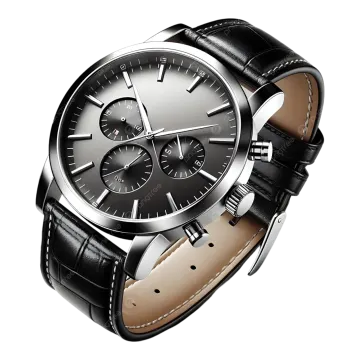 a watch with black leather strap and silver dial