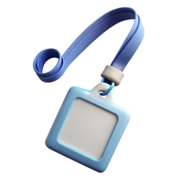 a blue and white id badge with a lan