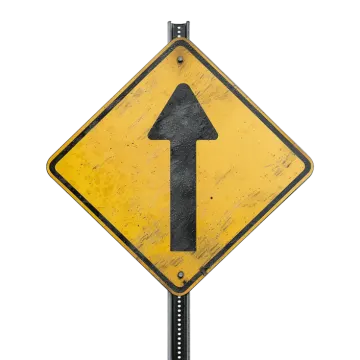 a yellow and black sign with an arrow on it