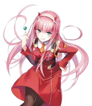 a girl in a red dress with long pink hair