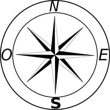 a black and white compass symbol