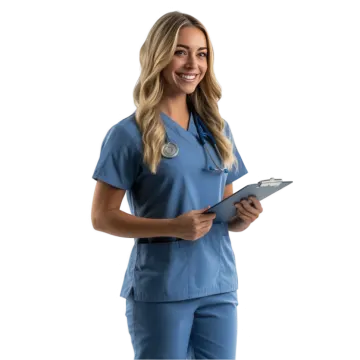 a woman in a blue scrub suit holding a tablet