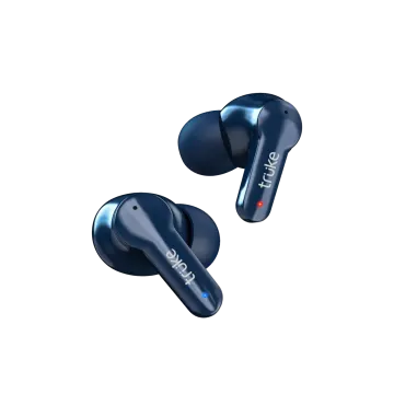 a pair of blue earphones on white background