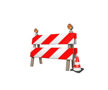 a red and white barrier with a traffic cone on top