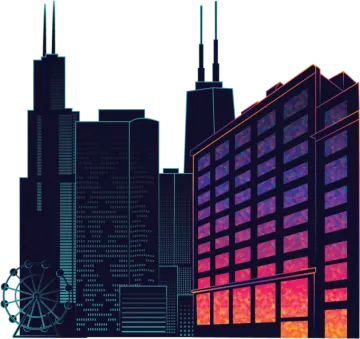 a city skyline with buildings and skyscrapers in the background