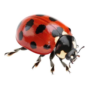 a red and black lady beetle on a white background