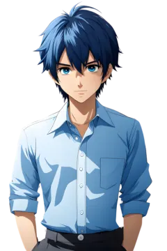a man in a blue shirt and black pants