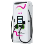 a white gas pump with pink and green accents