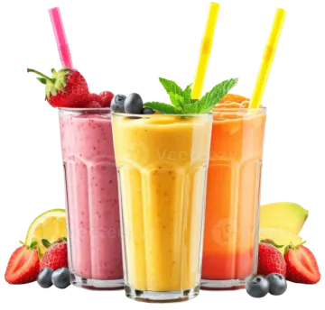 three glasses of smoothie with straws and fruit