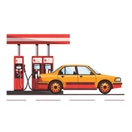 a yellow car at a gas station