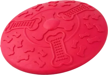 a red dog toy with bones and bones on it