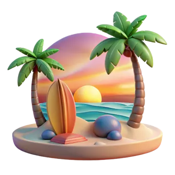 a beach scene with palm trees and surfboards