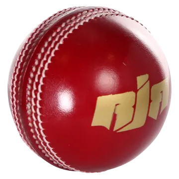 a red cricket ball with a gold logo on it