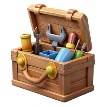 a wooden box filled with gardening tools