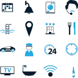 a set of blue icons on a white background
