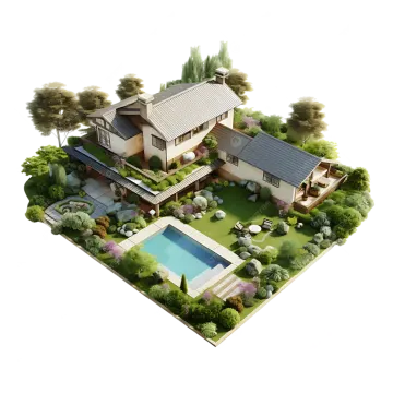an aerial view of a house with a swimming pool