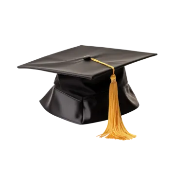 a black graduation cap with yellow tas