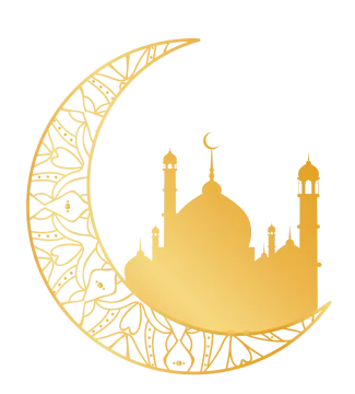 a golden crescent with a mosque in the middle