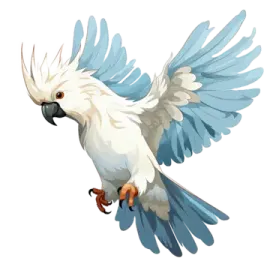 a white parrot with blue wings