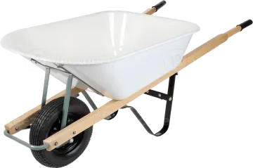 a white wheelbar with wooden handle and wheels