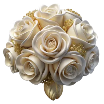 a bouquet of white roses with gold accents